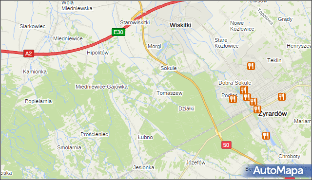 mapa Tomaszew gmina Wiskitki, Tomaszew gmina Wiskitki na mapie Targeo