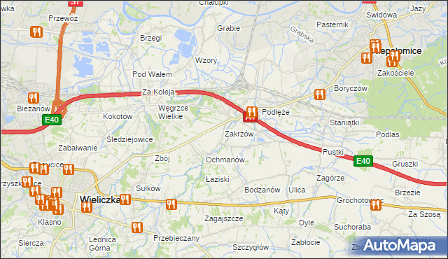 mapa Zakrzów gmina Niepołomice, Zakrzów gmina Niepołomice na mapie Targeo
