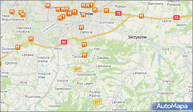 mapa Zawada gmina Tarnów, Zawada gmina Tarnów na mapie Targeo