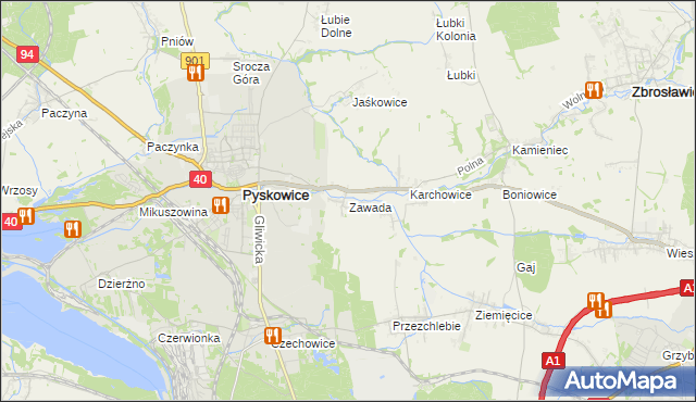 mapa Zawada gmina Zbrosławice, Zawada gmina Zbrosławice na mapie Targeo