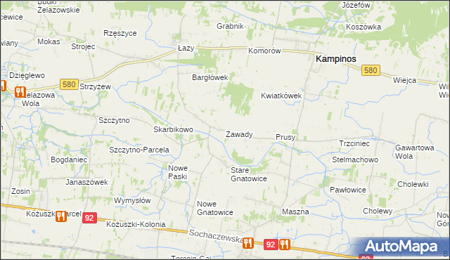 mapa Zawady gmina Kampinos, Zawady gmina Kampinos na mapie Targeo