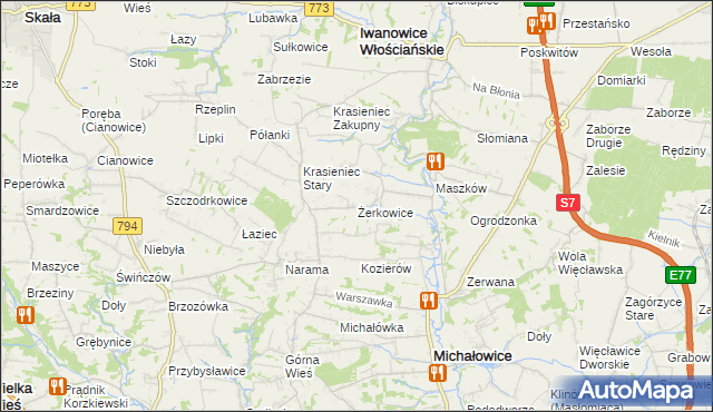 mapa Żerkowice gmina Iwanowice, Żerkowice gmina Iwanowice na mapie Targeo