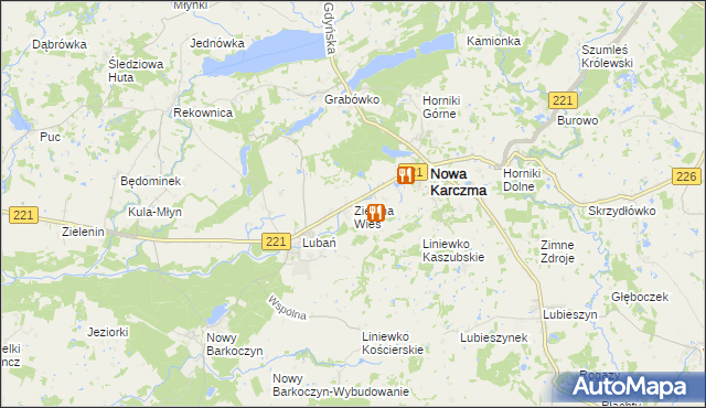 mapa Zielona Wieś gmina Nowa Karczma, Zielona Wieś gmina Nowa Karczma na mapie Targeo