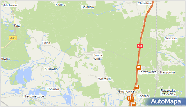 mapa Zimna Woda gmina Lubin, Zimna Woda gmina Lubin na mapie Targeo