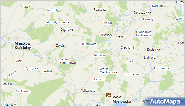 mapa Baczków gmina Wola Mysłowska, Baczków gmina Wola Mysłowska na mapie Targeo