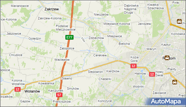 mapa Cerekiew gmina Zakrzew, Cerekiew gmina Zakrzew na mapie Targeo