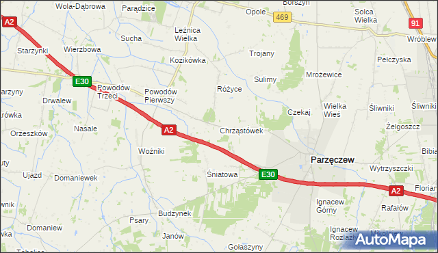 mapa Chrząstówek gmina Parzęczew, Chrząstówek gmina Parzęczew na mapie Targeo
