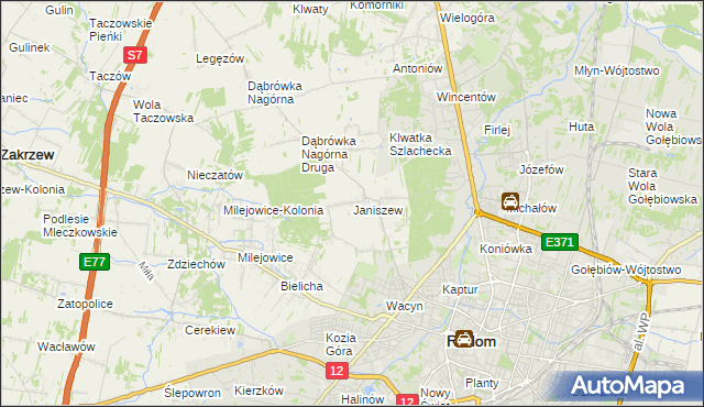 mapa Janiszew gmina Zakrzew, Janiszew gmina Zakrzew na mapie Targeo
