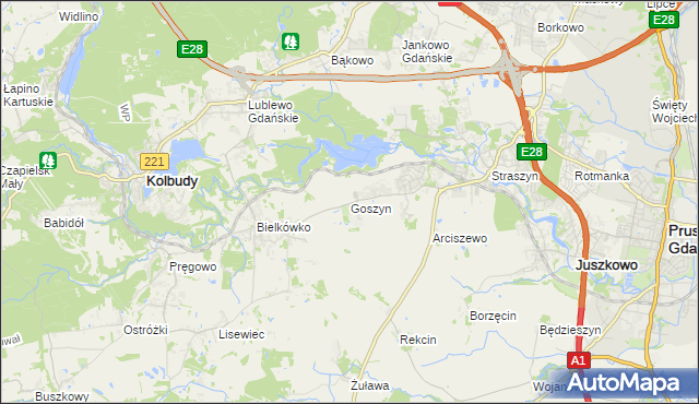 mapa Goszyn gmina Pruszcz Gdański, Goszyn gmina Pruszcz Gdański na mapie Targeo