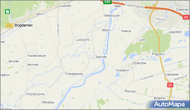 mapa Jasiniec gmina Bogdaniec, Jasiniec gmina Bogdaniec na mapie Targeo