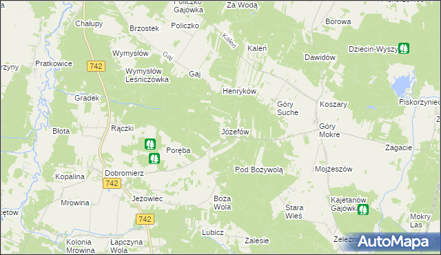 mapa Józefów gmina Przedbórz, Józefów gmina Przedbórz na mapie Targeo