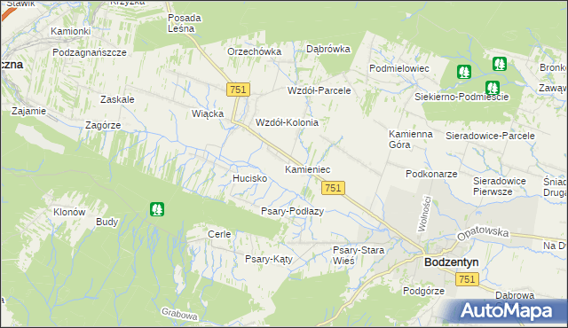 mapa Kamieniec gmina Bodzentyn, Kamieniec gmina Bodzentyn na mapie Targeo