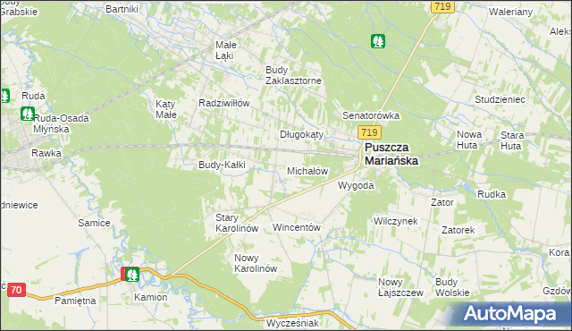 mapa Michałów gmina Puszcza Mariańska, Michałów gmina Puszcza Mariańska na mapie Targeo