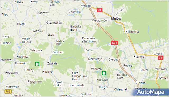 mapa Piaski gmina Mniów, Piaski gmina Mniów na mapie Targeo