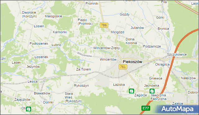 mapa Wincentów gmina Piekoszów, Wincentów gmina Piekoszów na mapie Targeo