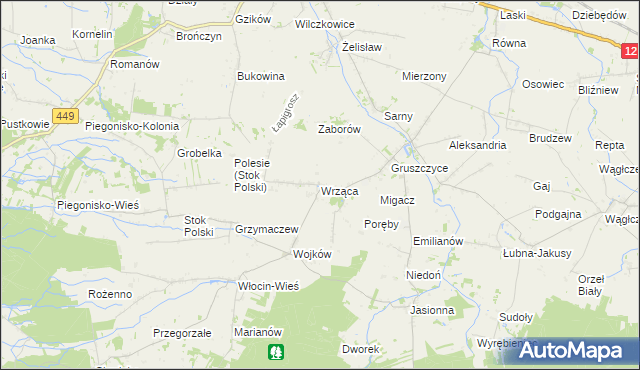 mapa Wrząca gmina Błaszki, Wrząca gmina Błaszki na mapie Targeo