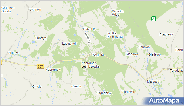 mapa Wygoda gmina Ostróda, Wygoda gmina Ostróda na mapie Targeo