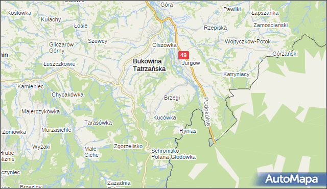 mapa Brzegi gmina Bukowina Tatrzańska, Brzegi gmina Bukowina Tatrzańska na mapie Targeo