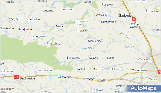 mapa Biskupice gmina Sadowie, Biskupice gmina Sadowie na mapie Targeo