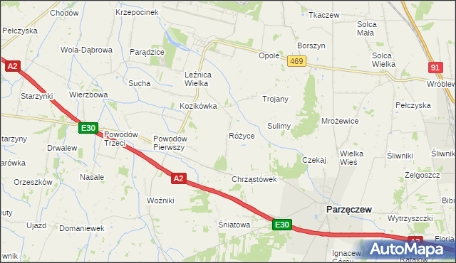 mapa Różyce gmina Parzęczew, Różyce gmina Parzęczew na mapie Targeo