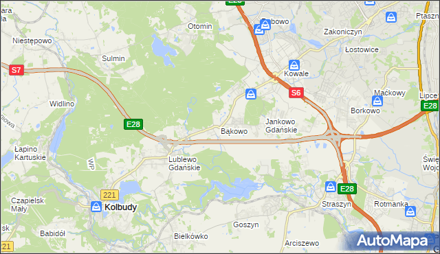 mapa Bąkowo gmina Kolbudy, Bąkowo gmina Kolbudy na mapie Targeo