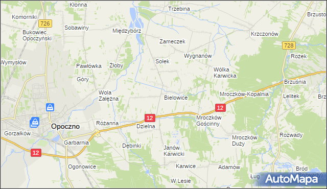 mapa Bielowice gmina Opoczno, Bielowice gmina Opoczno na mapie Targeo