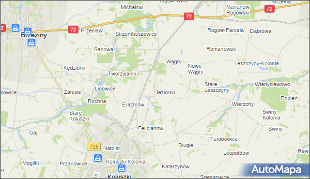 mapa Jeziorko gmina Koluszki, Jeziorko gmina Koluszki na mapie Targeo