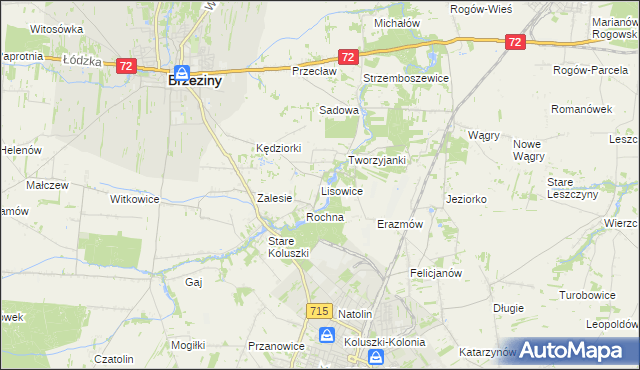 mapa Lisowice gmina Koluszki, Lisowice gmina Koluszki na mapie Targeo