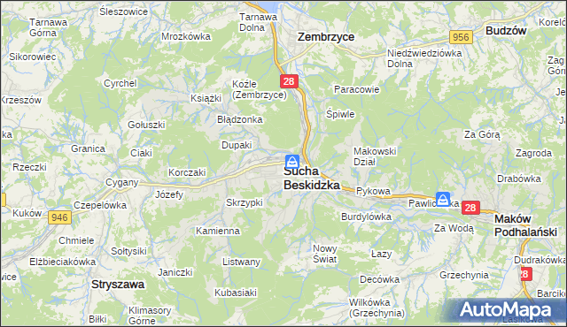 mapa Sucha Beskidzka, Sucha Beskidzka na mapie Targeo