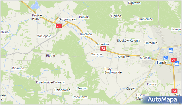 mapa Wrząca gmina Turek, Wrząca gmina Turek na mapie Targeo