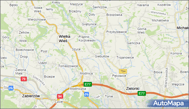 mapa Giebułtów gmina Wielka Wieś, Giebułtów gmina Wielka Wieś na mapie Targeo