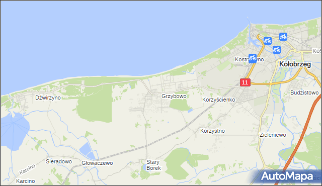 mapa Grzybowo gmina Kołobrzeg, Grzybowo gmina Kołobrzeg na mapie Targeo