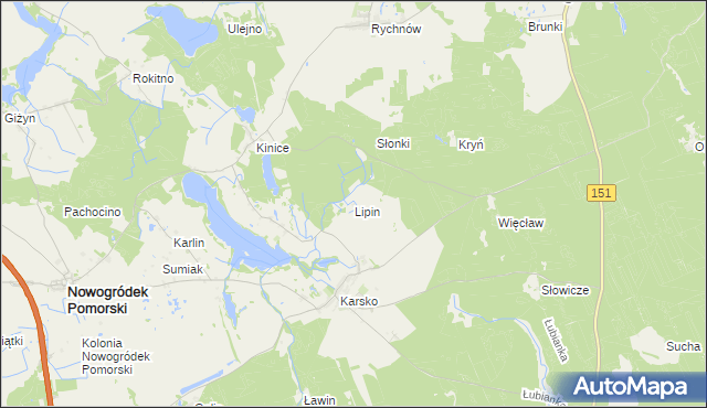 mapa Lipin gmina Nowogródek Pomorski, Lipin gmina Nowogródek Pomorski na mapie Targeo