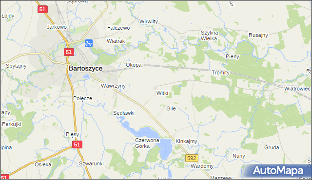 mapa Witki gmina Bartoszyce, Witki gmina Bartoszyce na mapie Targeo