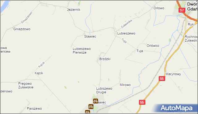 mapa Brzózki gmina Nowy Staw, Brzózki gmina Nowy Staw na mapie Targeo