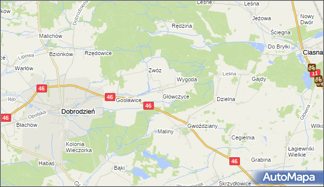mapa Główczyce gmina Dobrodzień, Główczyce gmina Dobrodzień na mapie Targeo