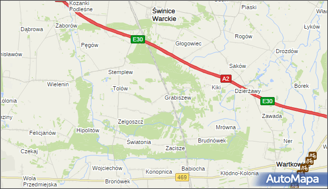 mapa Grabiszew gmina Wartkowice, Grabiszew gmina Wartkowice na mapie Targeo
