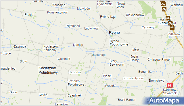 mapa Jasieniec gmina Rybno, Jasieniec gmina Rybno na mapie Targeo