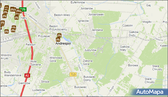 mapa Justynów gmina Andrespol, Justynów gmina Andrespol na mapie Targeo