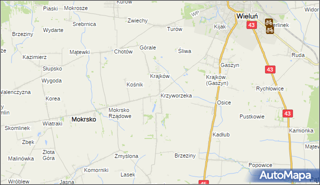 mapa Krzyworzeka gmina Mokrsko, Krzyworzeka gmina Mokrsko na mapie Targeo