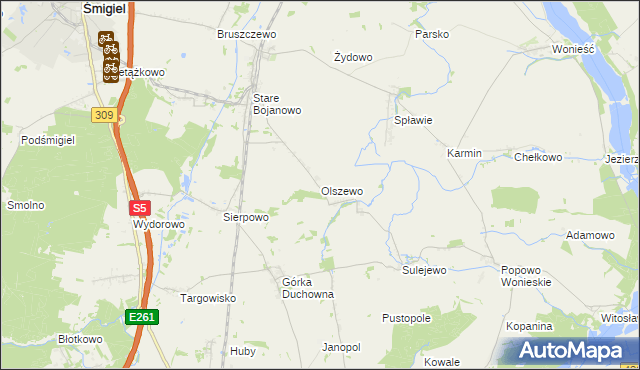 mapa Olszewo gmina Śmigiel, Olszewo gmina Śmigiel na mapie Targeo
