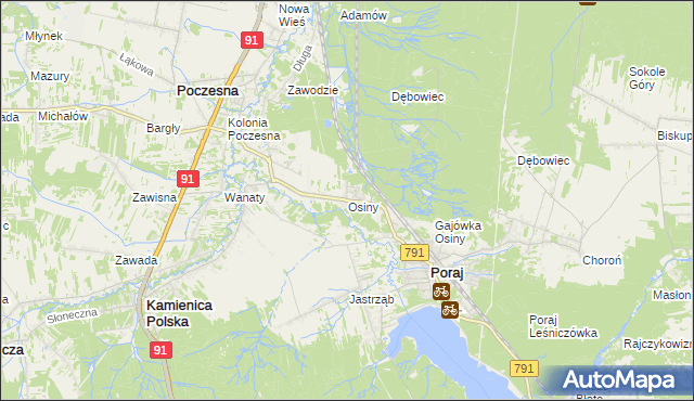 mapa Osiny gmina Kamienica Polska, Osiny gmina Kamienica Polska na mapie Targeo