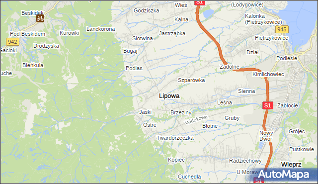 mapa Lipowa powiat żywiecki, Lipowa powiat żywiecki na mapie Targeo