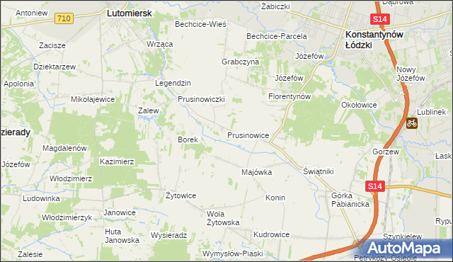 mapa Prusinowice gmina Lutomiersk, Prusinowice gmina Lutomiersk na mapie Targeo