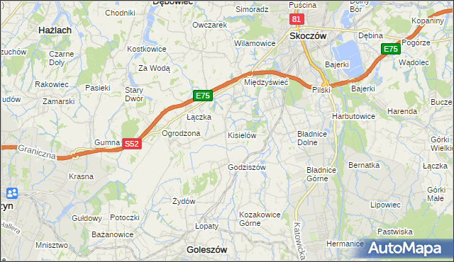 mapa Kisielów gmina Goleszów, Kisielów gmina Goleszów na mapie Targeo