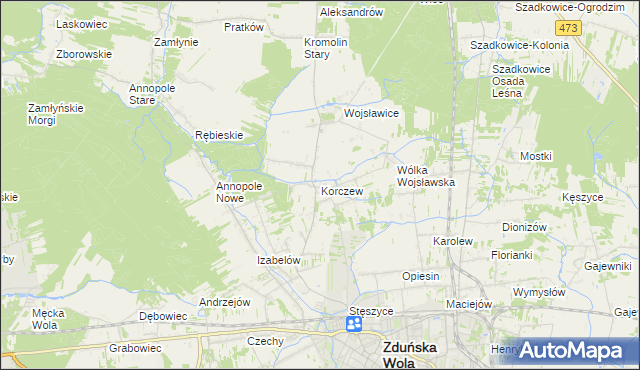 mapa Korczew gmina Zduńska Wola, Korczew gmina Zduńska Wola na mapie Targeo