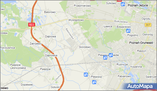 mapa Skórzewo gmina Dopiewo, Skórzewo gmina Dopiewo na mapie Targeo