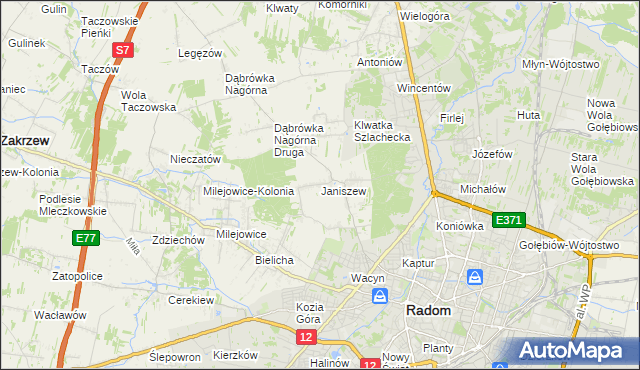 mapa Janiszew gmina Zakrzew, Janiszew gmina Zakrzew na mapie Targeo