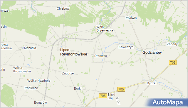 mapa Drzewce gmina Lipce Reymontowskie, Drzewce gmina Lipce Reymontowskie na mapie Targeo