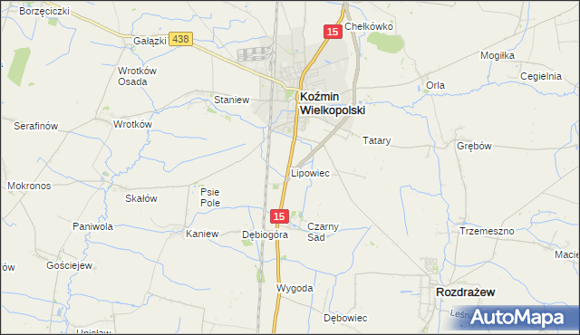 mapa Lipowiec gmina Koźmin Wielkopolski, Lipowiec gmina Koźmin Wielkopolski na mapie Targeo